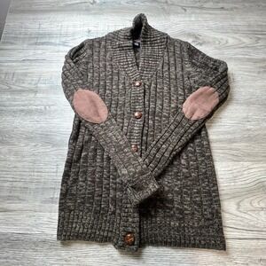 Confess Cardigan Sweater women Medium Brown Marle Ribbed Elbow Patch Shawl AC100